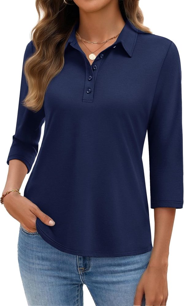 Polo Shirts for Women 3/4 Sleeve Tops Golf Tees 5-Button Collared Cotton Shirt Business Casual